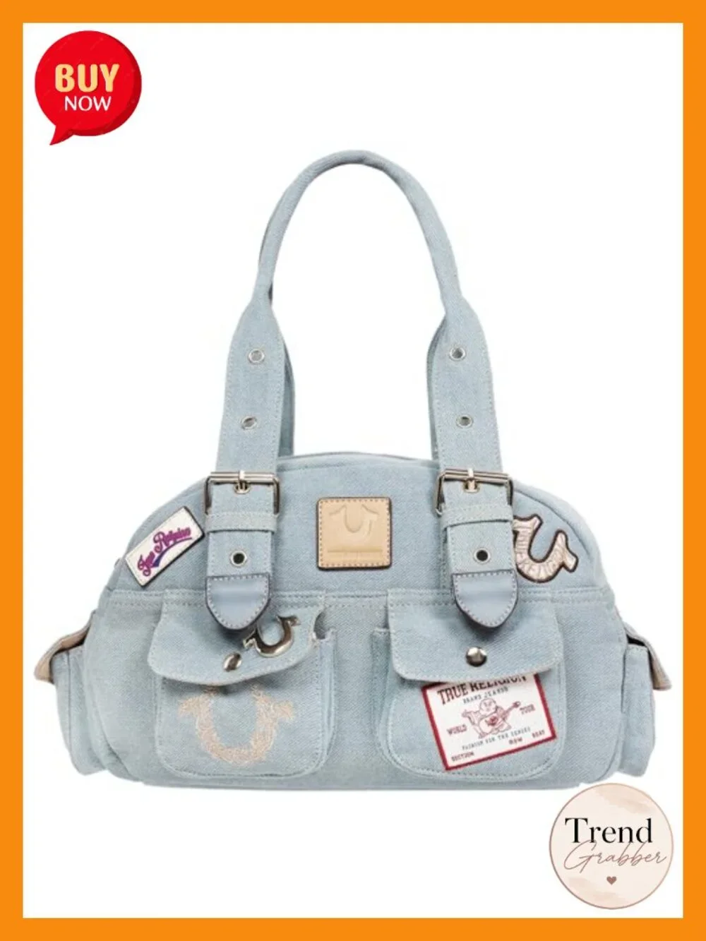 Multi-Patch Denim Satchel with Adjustable Straps